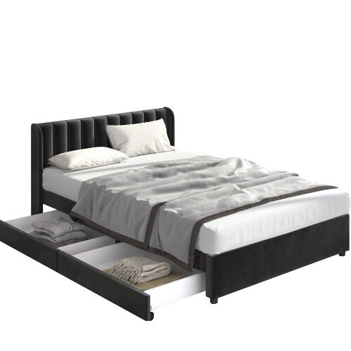 Cama de matrimonio de terciopelo con 2 cajónes 166x207 Negro