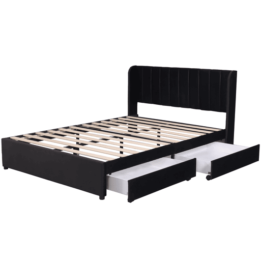 Cama de casal de veludo 160x200cm com 2 gavetas,preto