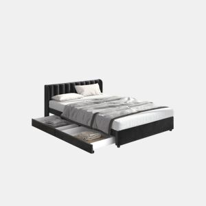 Cama de casal de veludo 140x200cm com 2 gavetas,preto