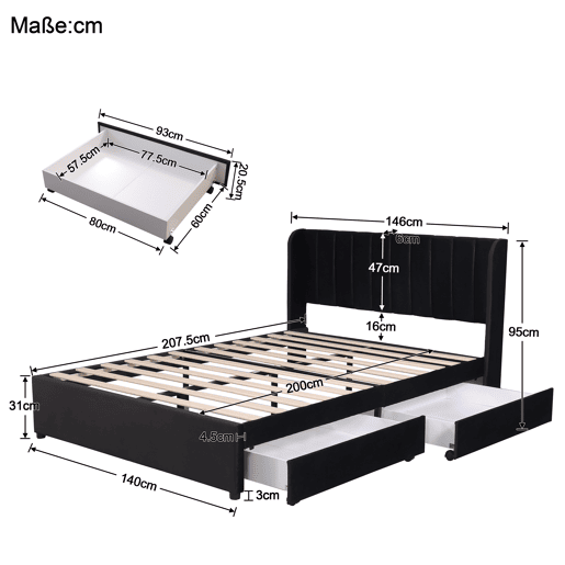 Cama de casal de veludo 140x200cm com 2 gavetas,preto