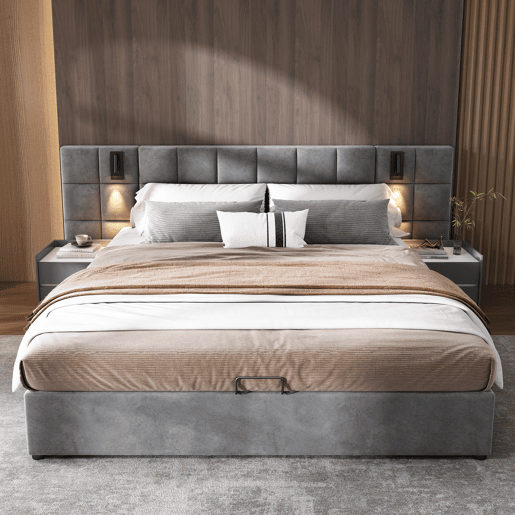 Cama de casal de veludo 180x200cm com armazenamento,cinzento