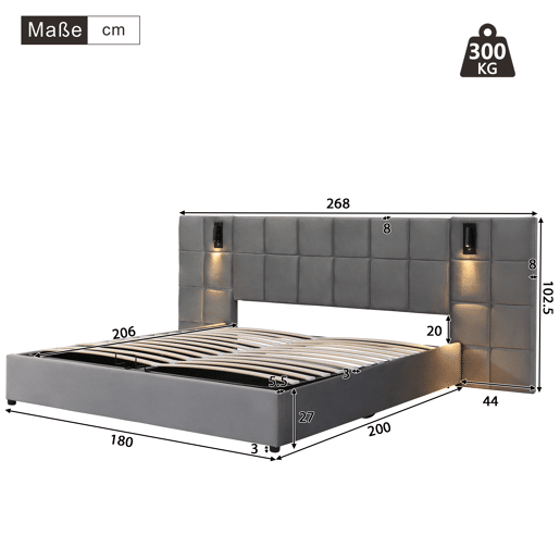 Cama de casal de veludo 180x200cm com armazenamento,cinzento