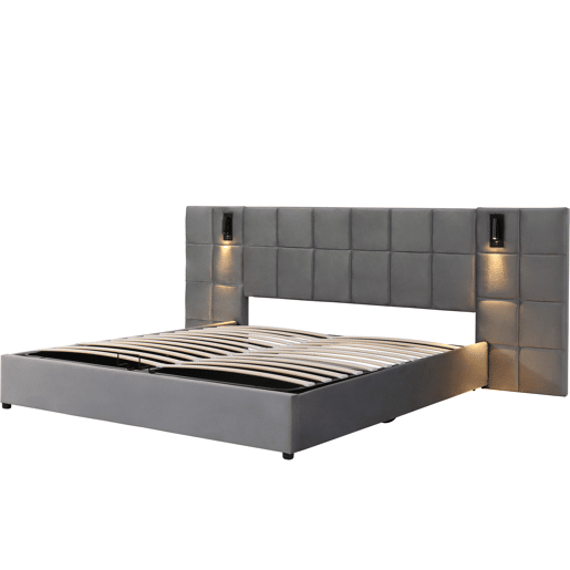 Cama de casal de veludo 180x200cm com armazenamento,cinzento