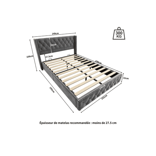 Cama de casal de veludo 140x190cm,cinzento