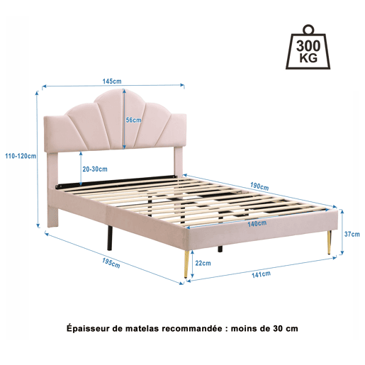 Cama de casal de veludo 140x190cm,rosa