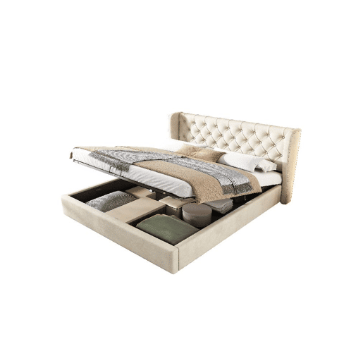 Cama de casal de veludo 140x200cm com armazenamento,bege