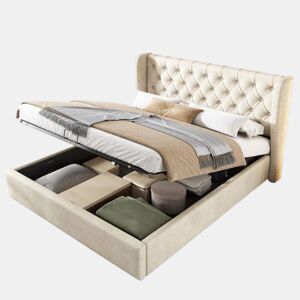 Cama de casal de veludo 140x200cm com armazenamento,bege