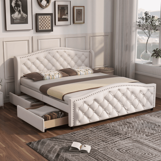 Cama de casal de pu 160x200cm com 2 gavetas,bege