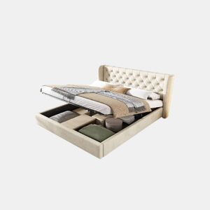 Cama de casal de veludo 140x190cm com armazenamento,bege