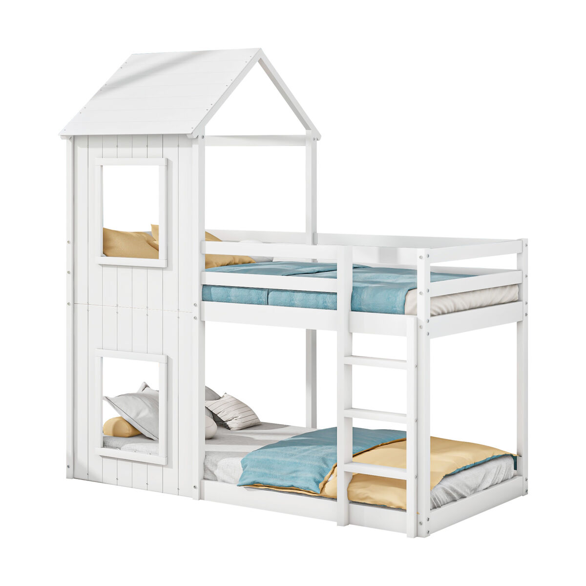 Litera cabaña infantil de madera de pino 90x200cm con protección contra caídas y escalera,blanco