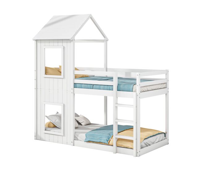 Litera cabaña infantil de madera de pino 90x200cm con protección contra caídas y escalera,blanco