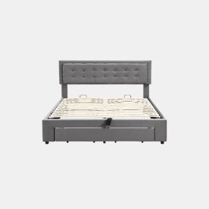 Cama de casal de veludo 140x190cm com armazenamento e 1 gaveta,cinzento