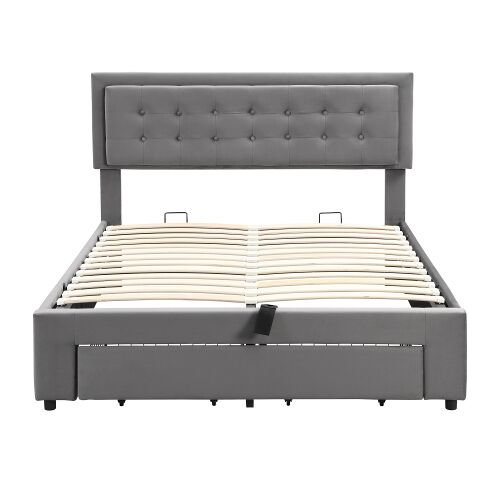 Cama de matrimonio de terciopelo 140x190cm con almacenaje y 1 cajón,gris