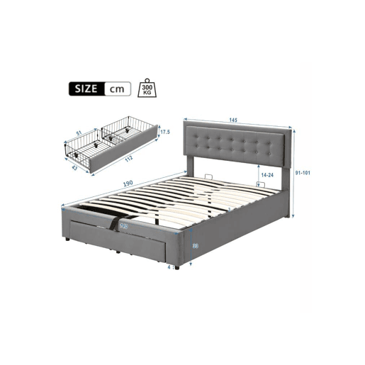 Cama de casal de veludo 140x190cm com armazenamento e 1 gaveta,cinzento