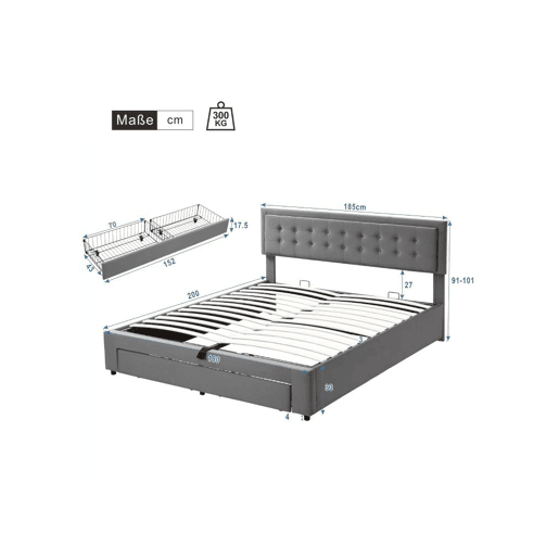 Cama de casal de veludo 180x200cm com armazenamento e 1 gaveta,cinzento