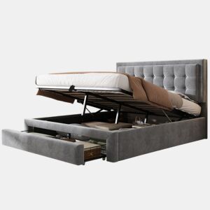 Cama de casal de veludo 140x200cm com armazenamento e 1 gaveta,cinzento