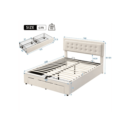 Cama de casal de veludo 140x190cm com armazenamento e 1 gaveta,bege
