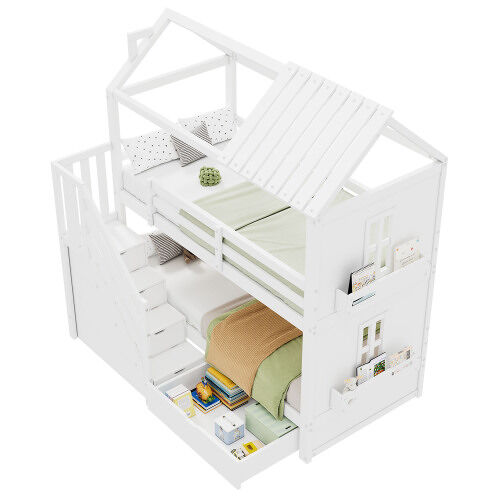 Litera cabaña infantil de madera de pino 90x200cm con 1 cajón,estante,protección contra caídas y escalera,blanco
