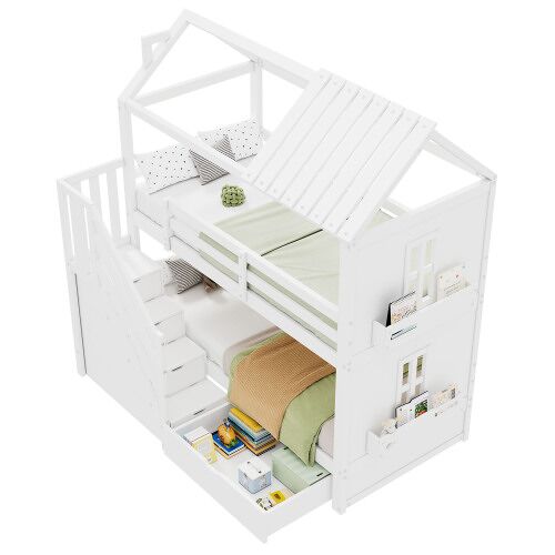 Litera cabaña infantil de madera de pino 90x200cm con 1 cajón,estante,protección contra caídas y escalera,blanco