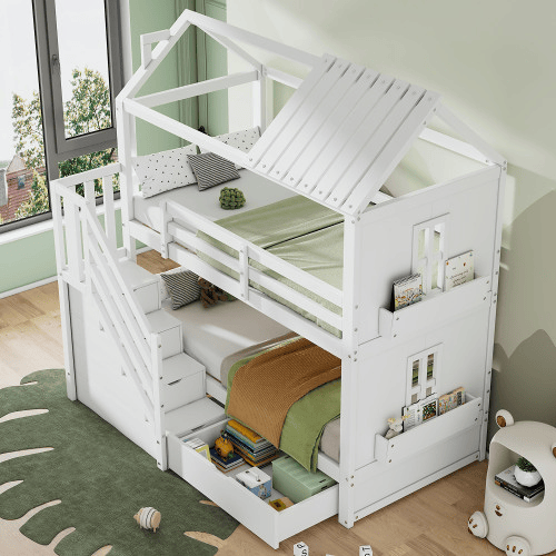Beliche,cama-casa de madeira de pinho 90x200cm com 1 gaveta,branco Beliche,cama-casa de madeira de pinho 90x200cm com 1 gaveta,branco