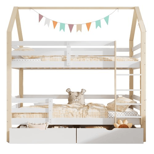 Beliche,cama-casa de madeira de pinho 90x200cm com 2 gavetas,branco+natural Beliche,cama-casa de madeira de pinho 90x200cm com 2 gavetas,branco+natural