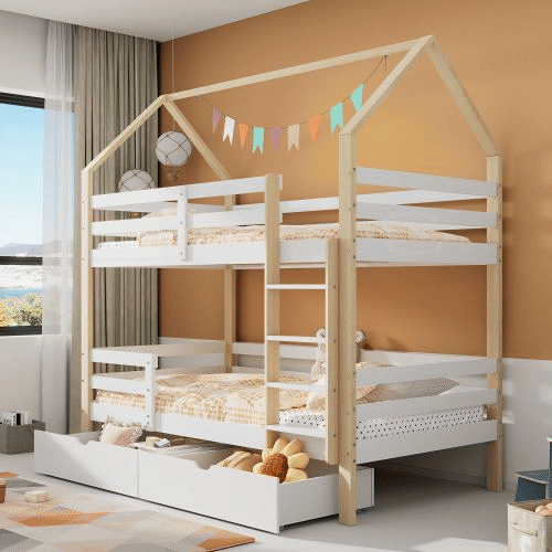 Beliche,cama-casa de madeira de pinho 90x200cm com 2 gavetas,branco+natural Beliche,cama-casa de madeira de pinho 90x200cm com 2 gavetas,branco+natural