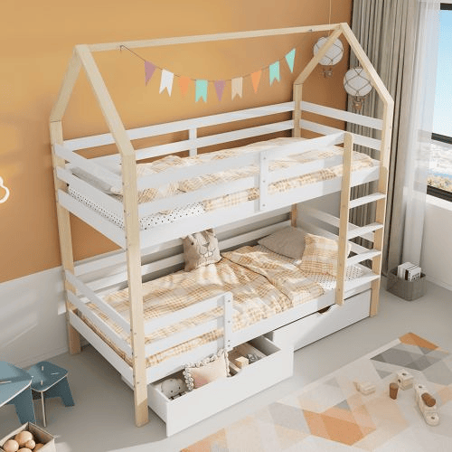 Beliche,cama-casa de madeira de pinho 90x200cm com 2 gavetas,branco+natural Beliche,cama-casa de madeira de pinho 90x200cm com 2 gavetas,branco+natural