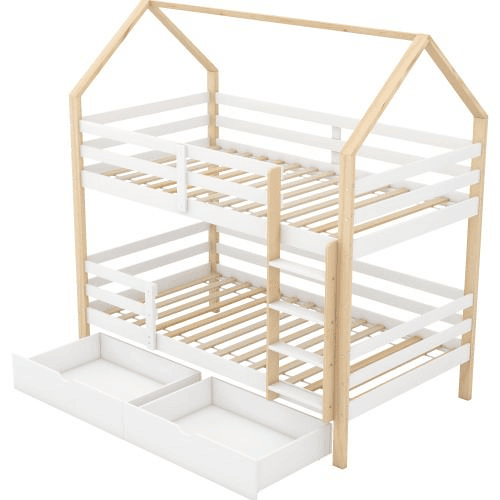 Beliche,cama-casa de madeira de pinho 90x200cm com 2 gavetas,branco+natural Beliche,cama-casa de madeira de pinho 90x200cm com 2 gavetas,branco+natural
