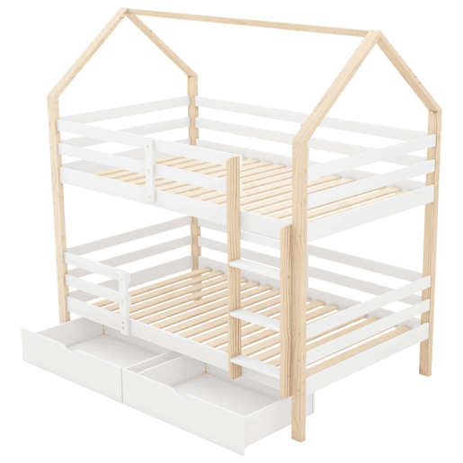Beliche,cama-casa de madeira de pinho 90x200cm com 2 gavetas,branco+natural Beliche,cama-casa de madeira de pinho 90x200cm com 2 gavetas,branco+natural