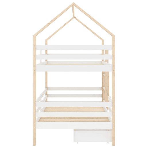 Beliche,cama-casa de madeira de pinho 90x200cm com 2 gavetas,branco+natural Beliche,cama-casa de madeira de pinho 90x200cm com 2 gavetas,branco+natural