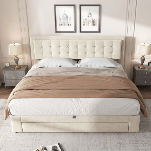 Cama de casal de veludo 160x200cm com armazenamento e 1 gaveta,bege