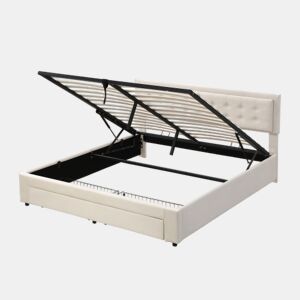 Cama de casal de veludo 180x200cm com armazenamento e 1 gaveta,bege