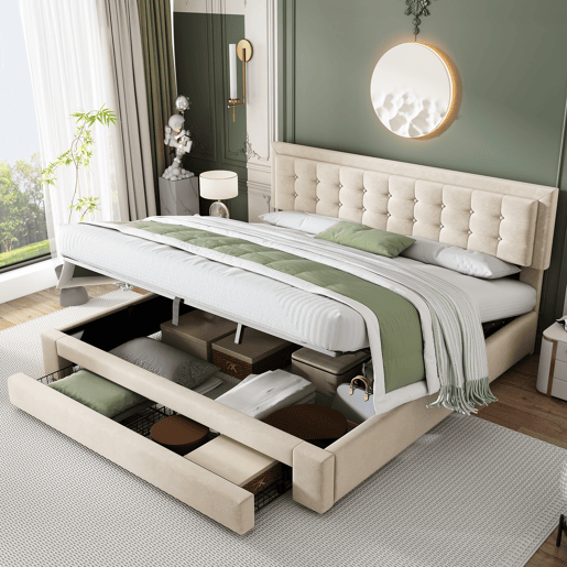 Cama de casal de veludo 180x200cm com armazenamento e 1 gaveta,bege