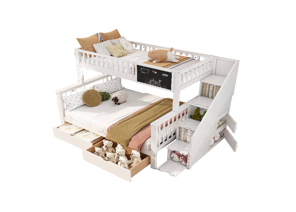 Litera triple infantil de madera de pino 90/140x200cm con 2 cajones,pizarra,protección contra caídas y escalera,blanco