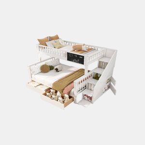 Beliche triplo de madeira de pinho 90x200(140x200)cm com 2 gavetas,branco