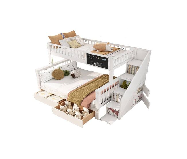 Litera triple infantil de madera de pino 90/140x200cm con 2 cajones,pizarra,protección contra caídas y escalera,blanco