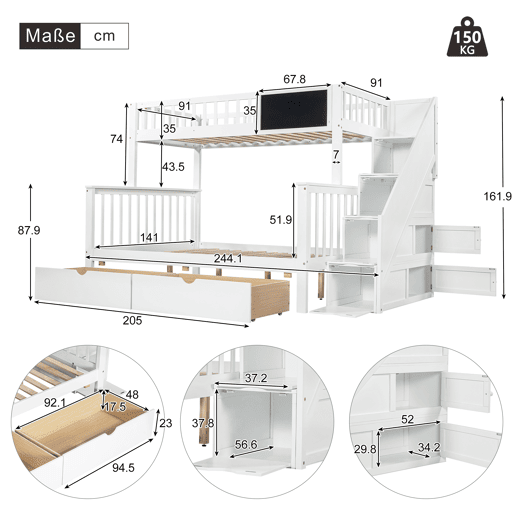 Beliche triplo de madeira de pinho 90x200(140x200)cm com 2 gavetas,branco Beliche triplo de madeira de pinho 90x200(140x200)cm com 2 gavetas,branco