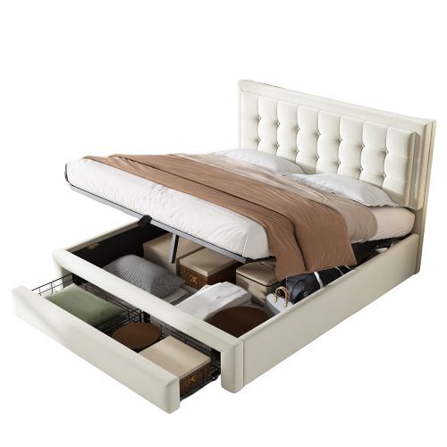 Cama de matrimonio de terciopelo 140x200cm con almacenaje y 1 cajón,beige