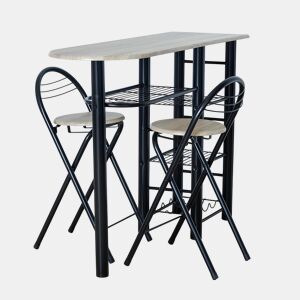 Mesa alta de escritório de cozinha estilo industrial em preto e madeira clara com 2 bancos dobráveis 40x88x120 cm