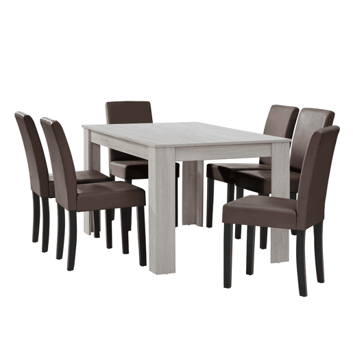 Mesa de jantar + 6 cadeiras Forssa MDF e couro sintético 140x90x77cm - Carvalho branco + Castanho en.casa