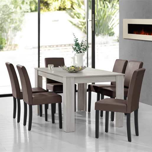 Mesa de jantar + 6 cadeiras Forssa MDF e couro sintético 140x90x77cm - Carvalho branco + Castanho en.casa