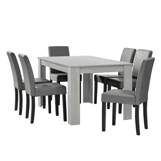 Mesa de jantar + 6 cadeiras Forssa MDF e couro sintético 140x90x77cm - Carvalho branco + Cinzento claro en.casa