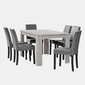 Mesa de jantar + 6 cadeiras Forssa MDF e couro sintético 140x90x77cm - Carvalho branco + Cinzento claro en.casa