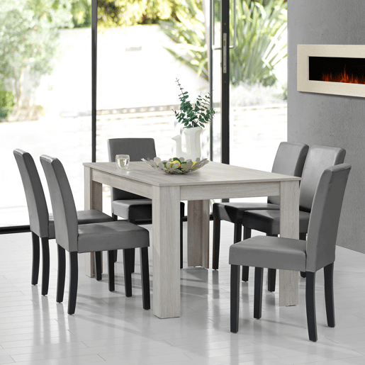 Mesa de jantar + 6 cadeiras Forssa MDF e couro sintético 140x90x77cm - Carvalho branco + Cinzento claro en.casa