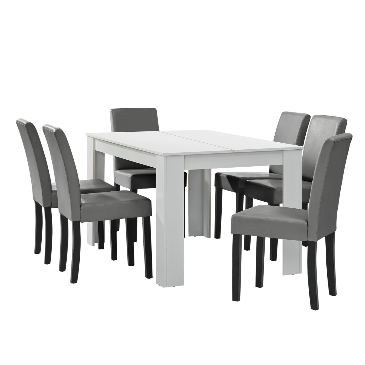 Mesa de comedor + 6 sillas forssa mdf y polipiel 140x90x77cm - blanco + gris claro [en.casa]