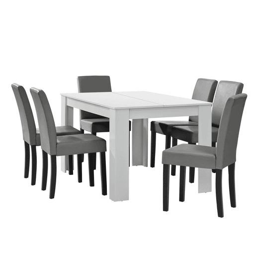 Mesa de jantar + 6 cadeiras Forssa MDF e couro sintético 140x90x77cm - Branco + Cinzento claro en.casa