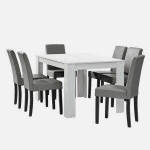 Mesa de jantar + 6 cadeiras Forssa MDF e couro sintético 140x90x77cm - Branco + Cinzento claro en.casa