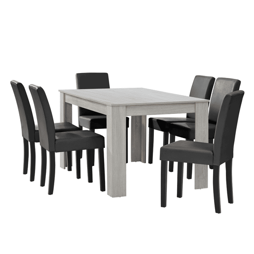 Mesa de jantar + 6 cadeiras Forssa MDF e couro sintético 140x90x77cm - Carvalho branco + Cinzento escuro en.casa
