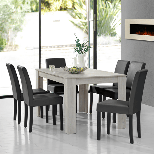 Mesa de jantar + 6 cadeiras Forssa MDF e couro sintético 140x90x77cm - Carvalho branco + Cinzento escuro en.casa