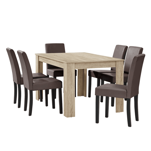 Mesa de jantar + 6 cadeiras Forssa MDF e couro sintético 140x90x77cm - Carvalho claro + Castanho en.casa